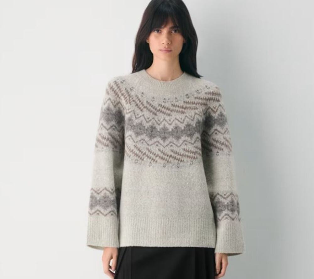 Aritzia Wilfred Harlow Merino Wool Fair Isle Nordic Sweater $178 Heather Gray